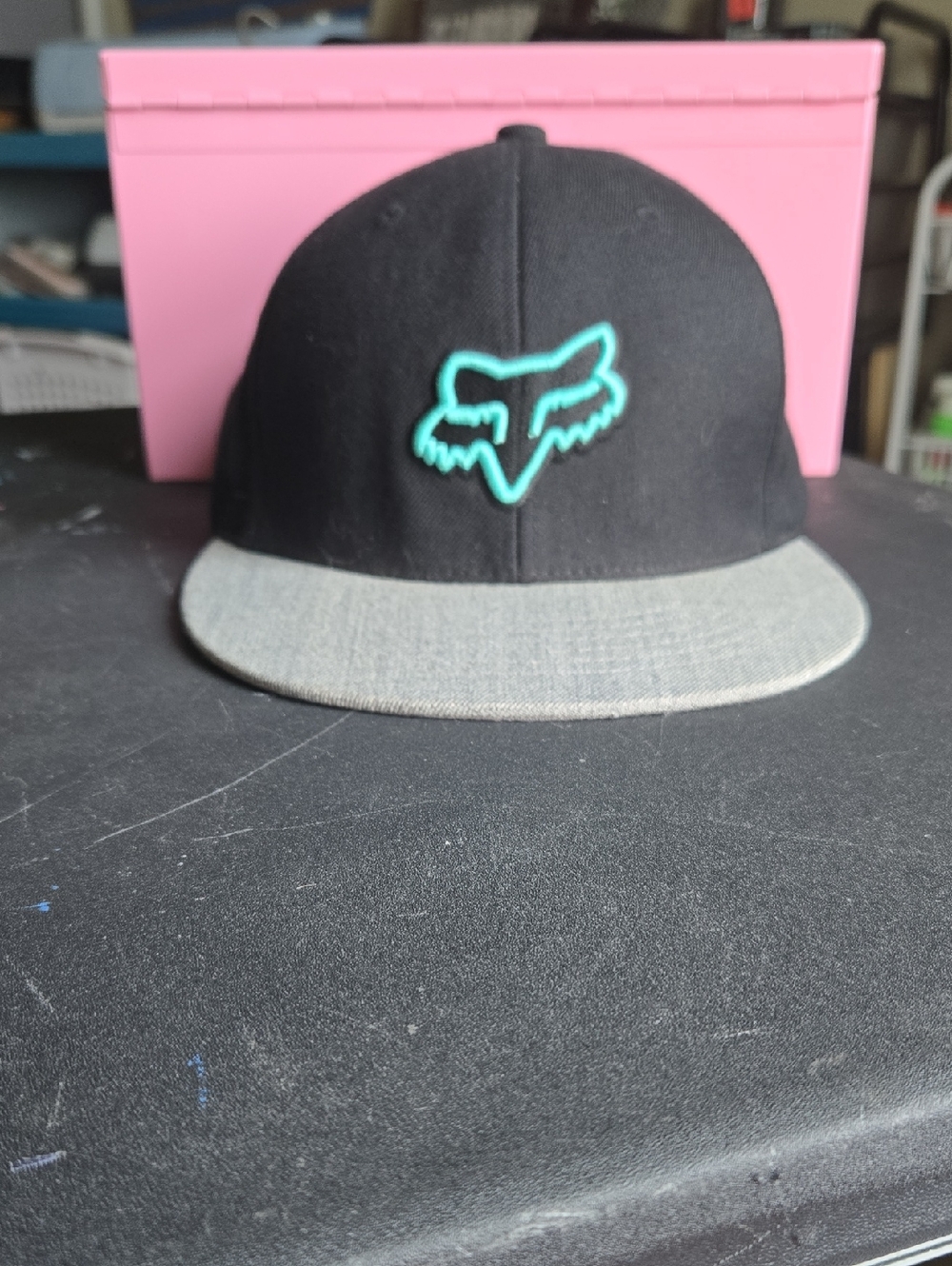 Fox  Black Hat with Teal Logo and Gray Brim -  Snapback